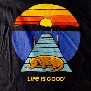 Life is Good Crusher Tee T-shirt Dog Deck Lake Sunset Womens XS Blue Peaceful
